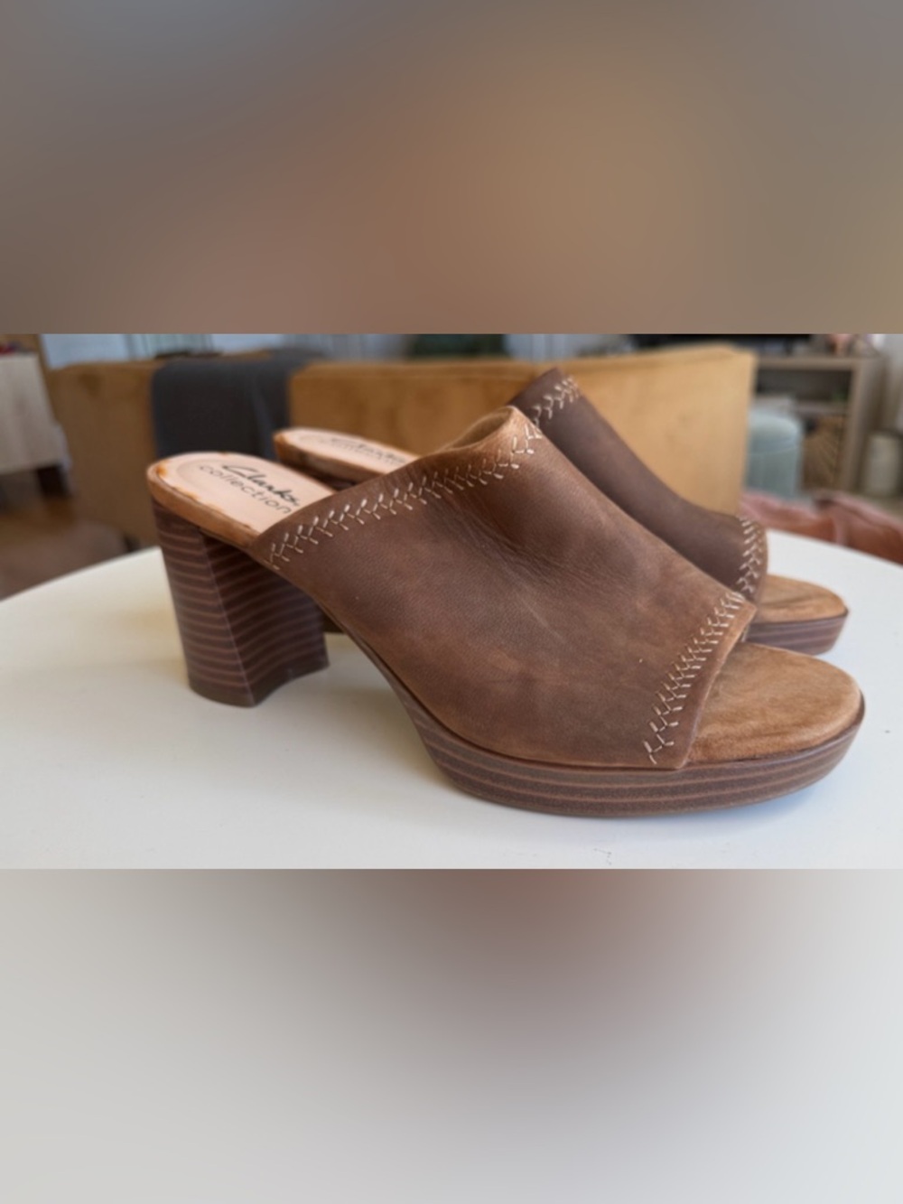 Clarks Brown Leather Clog Mules with Stacked Heel